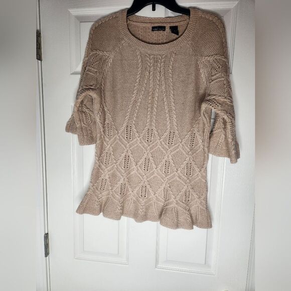 Moda International XL BeigeSnugFit WoolBlendCableKnit 3/4Sleeve Women’s Sweater - Picture 1 of 11